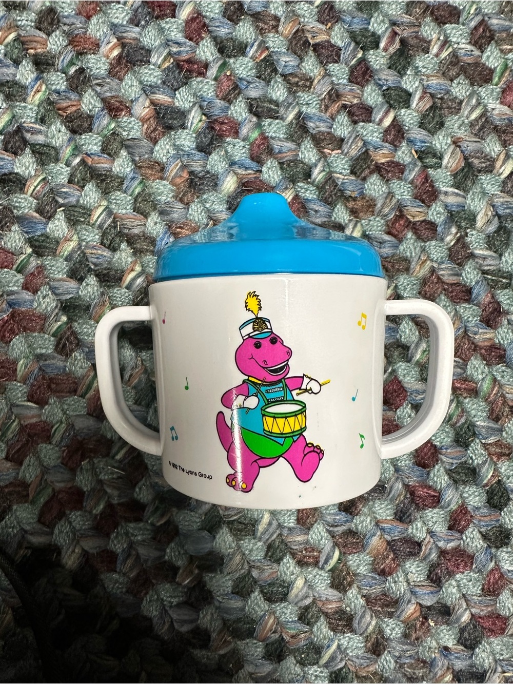 Barney 8 oz Baby Sippy Cup White/Blue w/ Handles Standard Sippy Spout Lid 91659